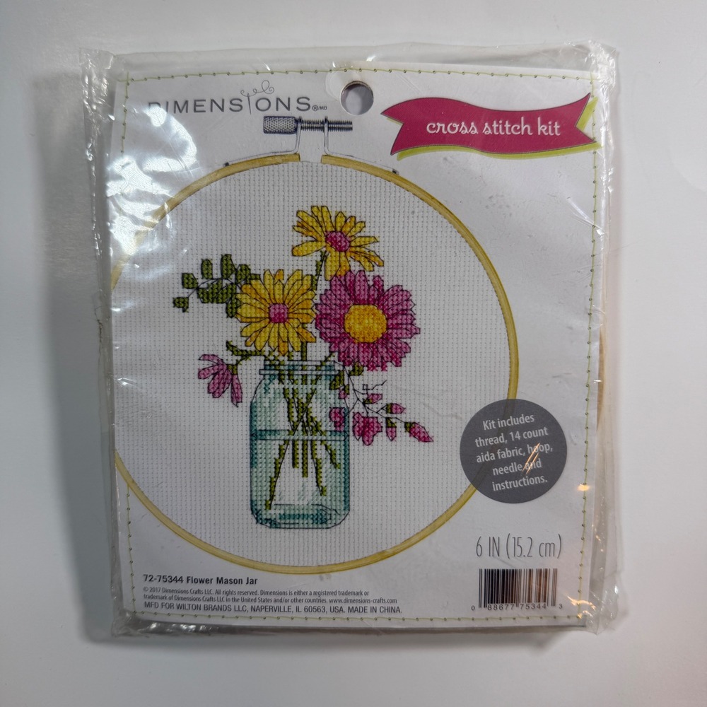 Dimensions Flower Mason Jar Cross Stitch Kit 72-75344 6" Floral Hoop New